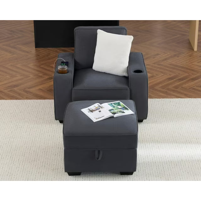 VANACC Sofa, Sofa Chair with Storage Ottoman, Modern Sofa with Cup Holders & USB Charging Ports, Deep Seat Couch for Living Room(Charcoal Grey Chenille)