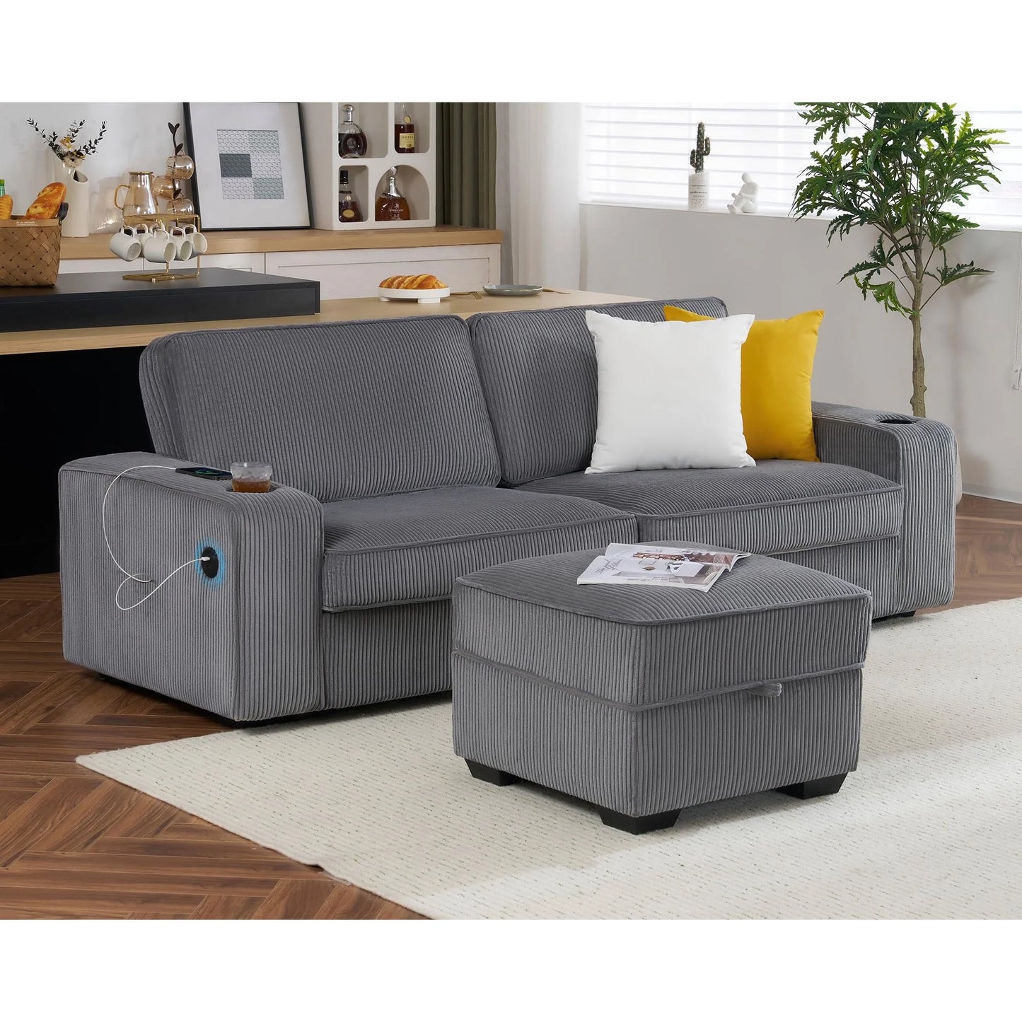 VANACC Sofa, 3 Seater Sofa- Deep Seat Sofa with Storage Ottoman, Comfy Couch with Cup Holders & USB Charging Ports, Modern Couch for Living Room(Ash Grey Corduroy)