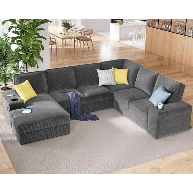 Merluxy 112 inch Oversized Sofa with USB, U Shaped Sofa with Storage for Adult, Corduroy Gray