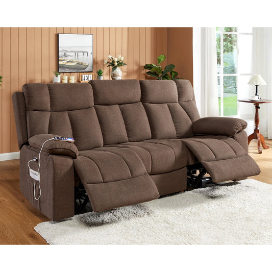 Roomy Homy Home Theater Seating Seats, Power Reclining Sofa with USB Charging Port and One-touch Lock- Theatre Reclining Sofa for Media Room, 3 Seater Recliner Sofa, Brown Chenille Recliner