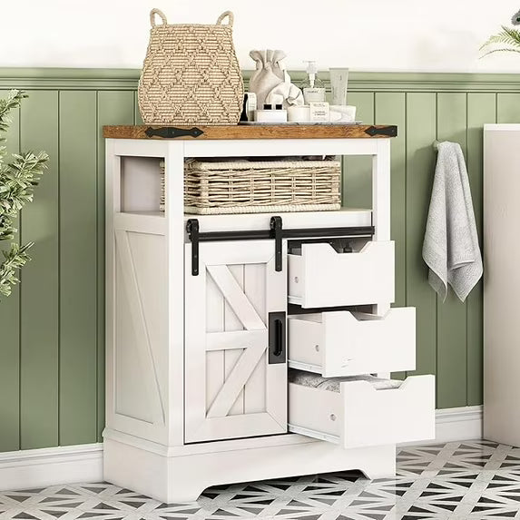 VANACC 24" Farmhouse Bathroom Floor Cabinet, Small Bathroom Storage Cabinet with Sliding Barn Door & 3 Storage Drawers, Storage Cabinet Freestanding for Bathroom, Kitchen