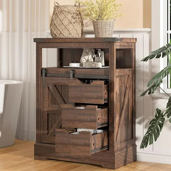 VANACC 24" Farmhouse Bathroom Floor Cabinet, Small Bathroom Storage Cabinet with Sliding Barn Door & 3 Storage Drawers, Storage Cabinet Freestanding for Bathroom, Kitchen
