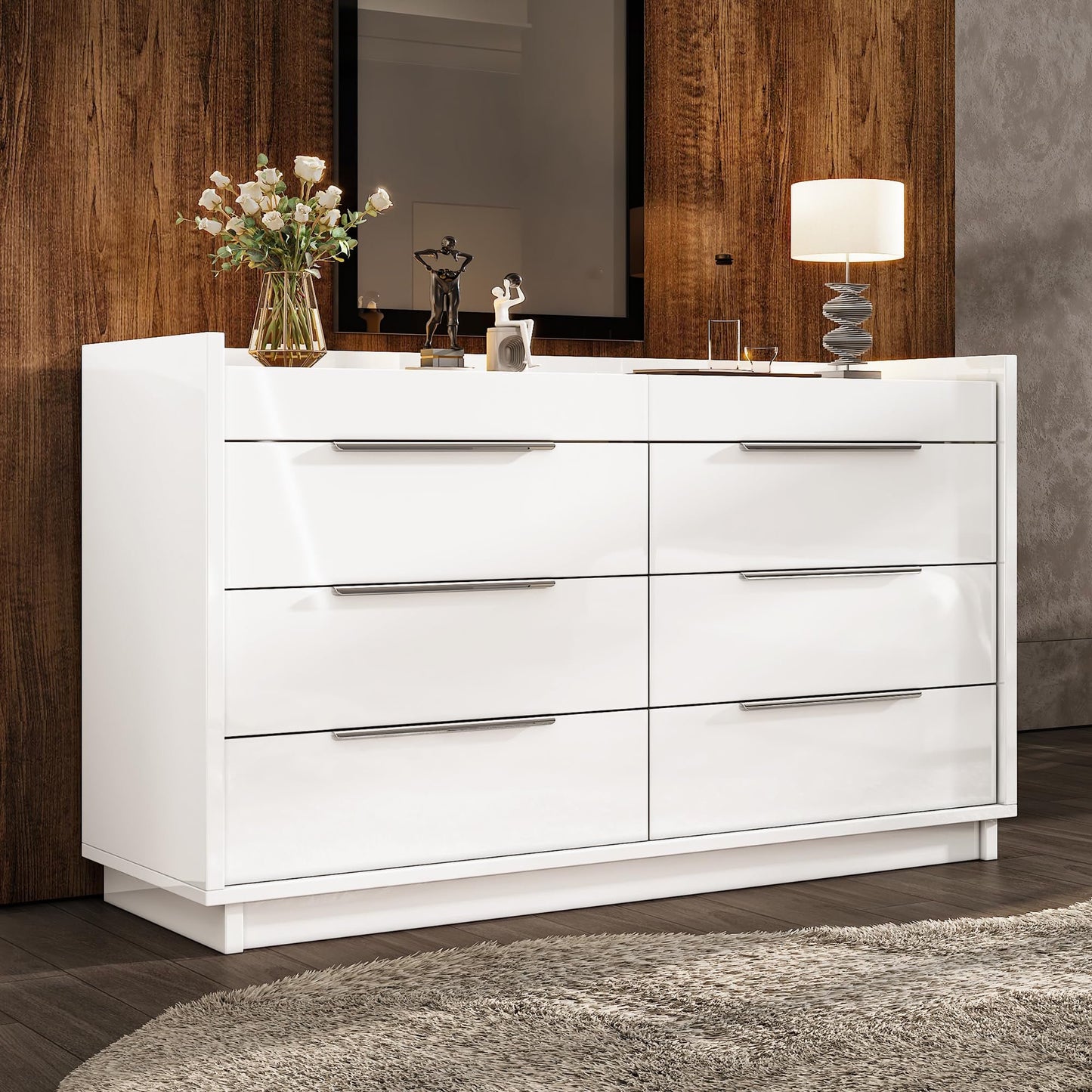 VANACC Dresser with LED Light & Glass Top, Modern Storage Chest with 2 Jewelry Drawers, Storage Organizer for Bedroom