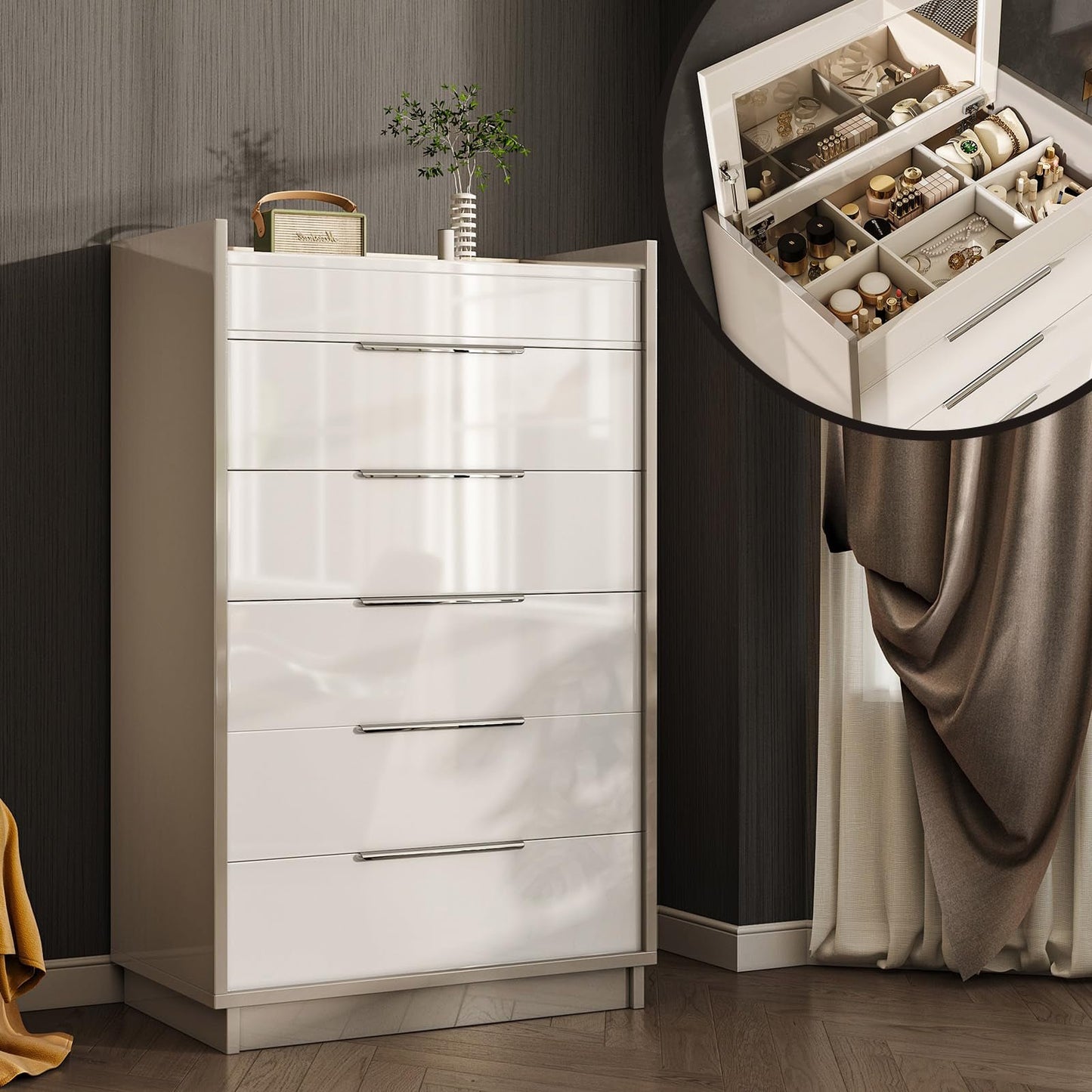 VANACC Dresser with LED Light & Glass Top, Modern Storage Chest with 2 Jewelry Drawers, Storage Organizer for Bedroom