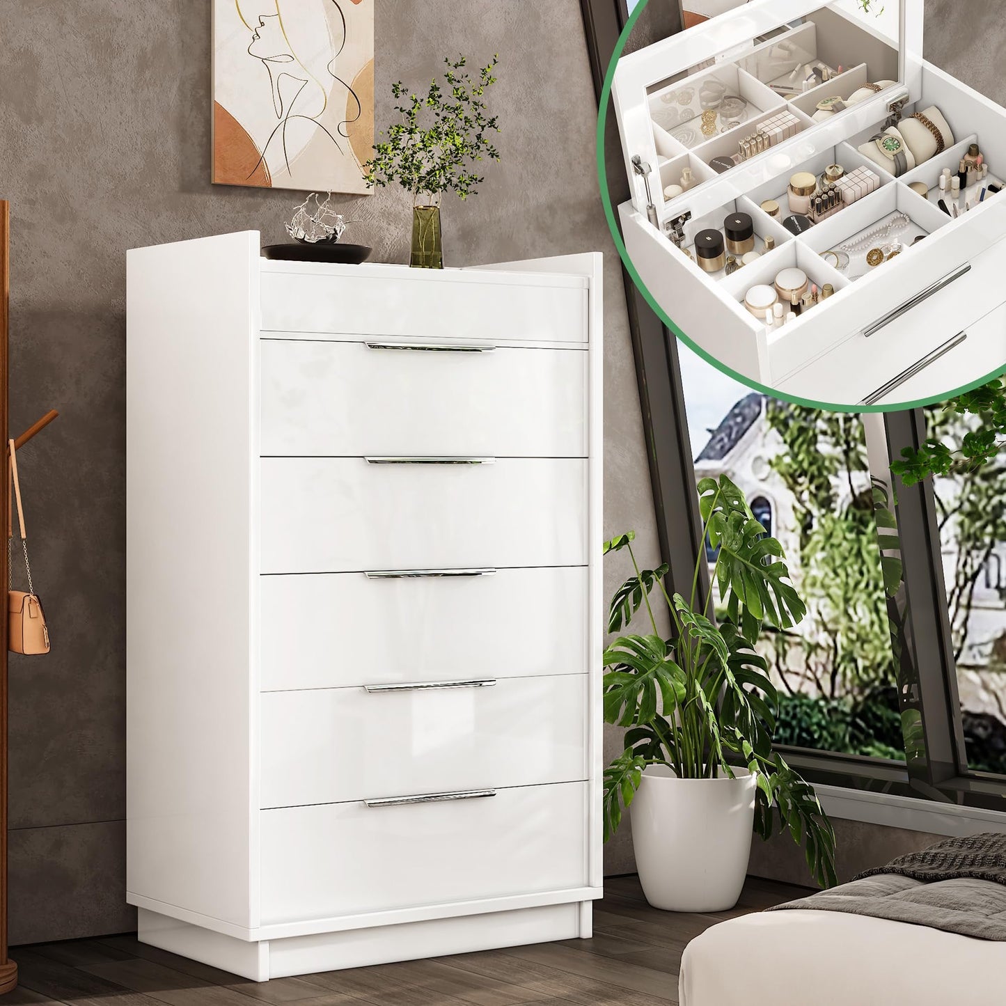 VANACC Dresser with LED Light & Glass Top, Modern Storage Chest with 2 Jewelry Drawers, Storage Organizer for Bedroom
