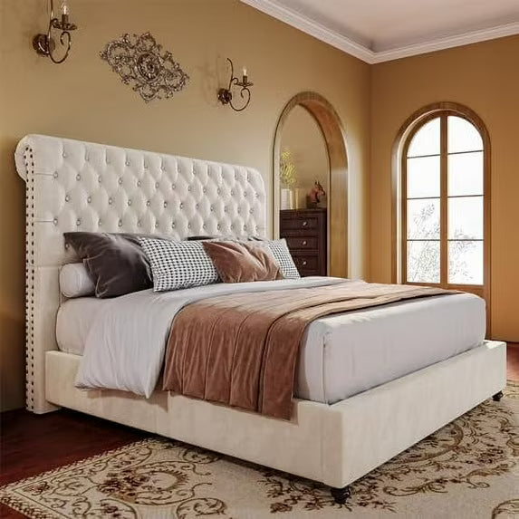 VanAcc 52.8" High Upholstered Bed Frame Platform Sleigh Bed with Deep Button Tufted Headboard/Easy Assembly