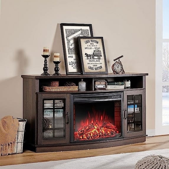 VANACC 59" Curved Fireplace TV Stand Farmhouse Media TV Cabinet for TVs up to 65 Inch