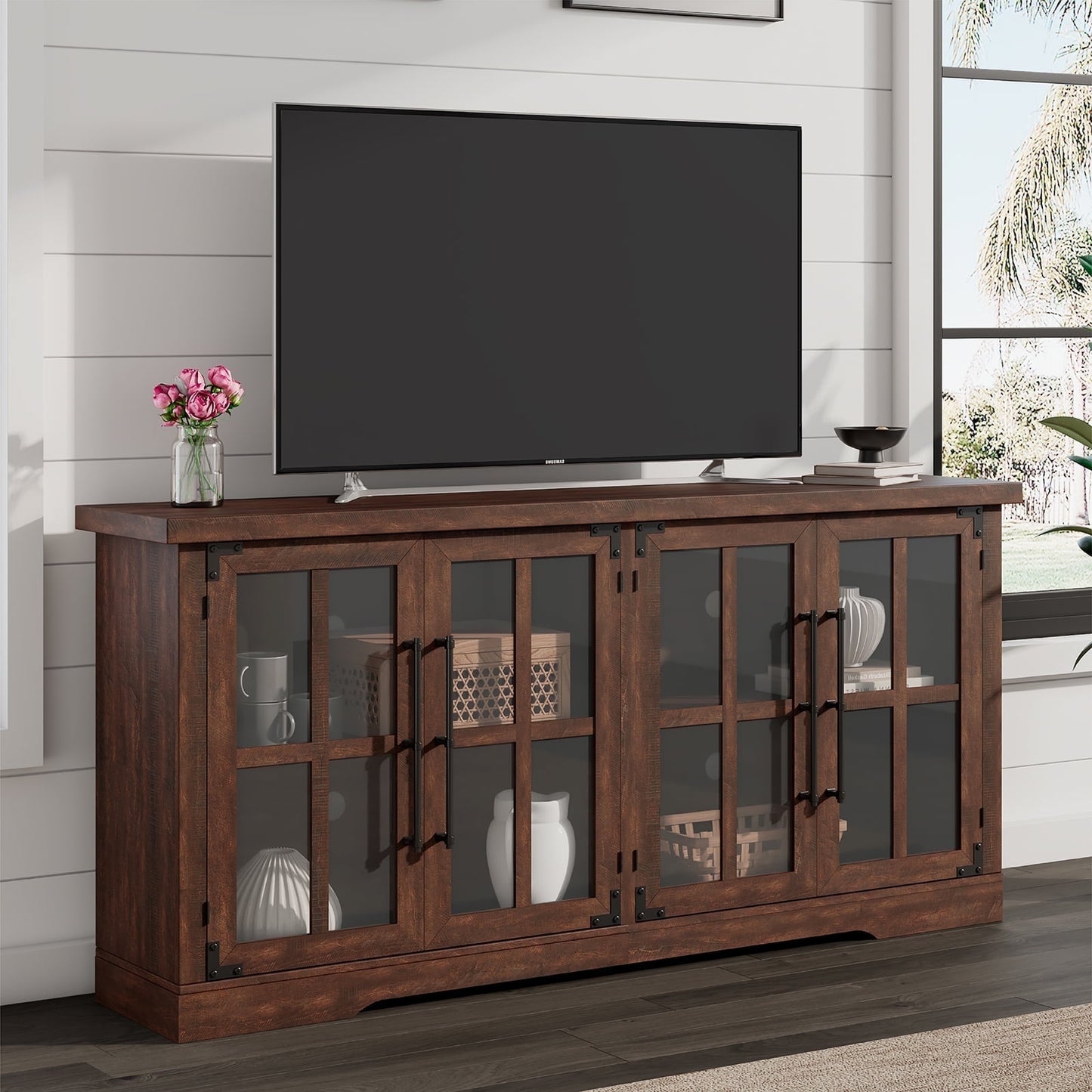 VANACC 63" Farmhouse TV Stand with 4 Glass Door & Strong Storage, Espresso