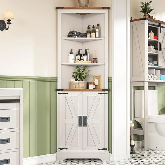 VANACC 68" Tall Corner Cabinet, Farmhouse Corner Cabinet with Barn Door Design,Wall Corner Cabinet with Adjustable Shelves for Bathroom, Living Room