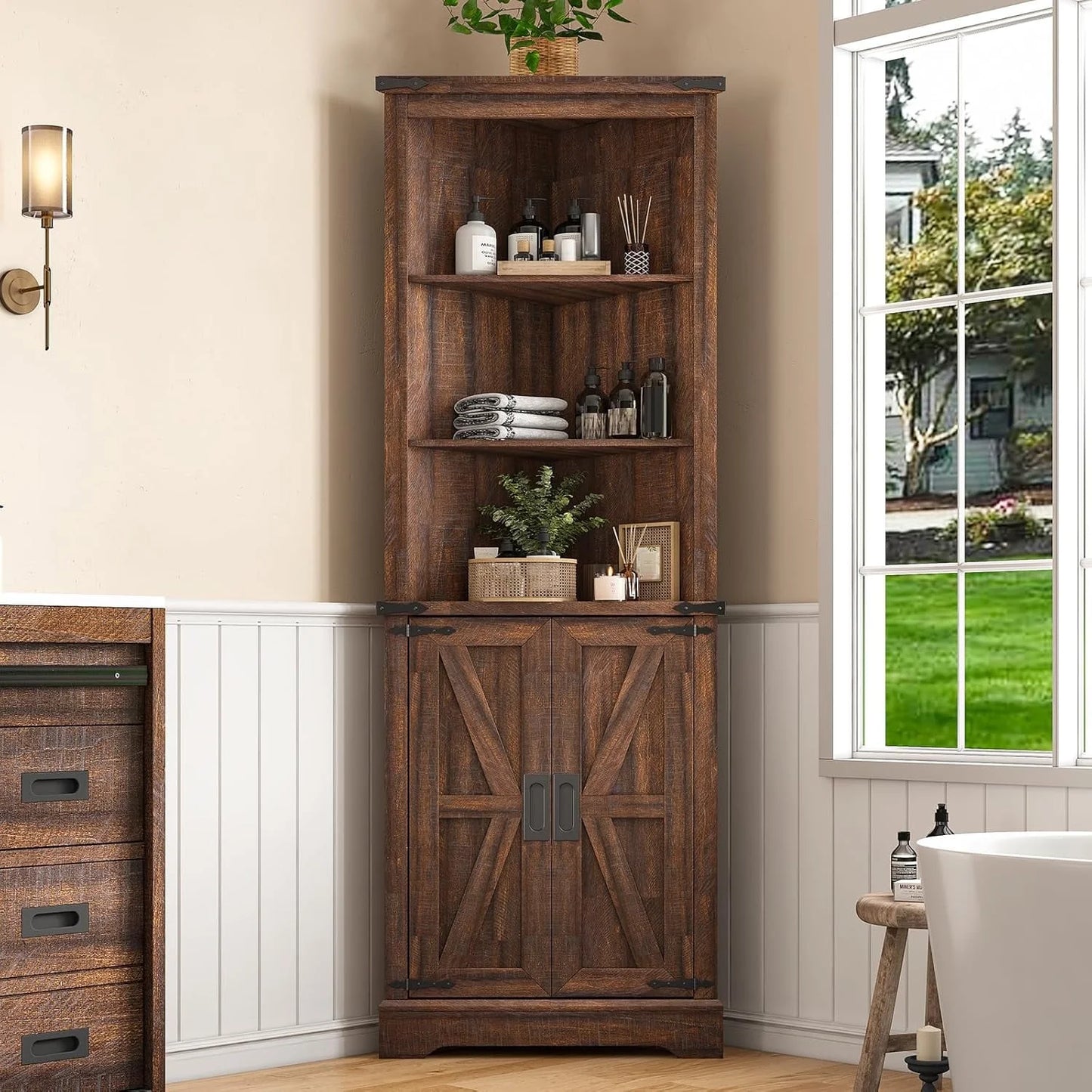 VANACC 68" Tall Corner Cabinet, Farmhouse Corner Cabinet with Barn Door Design,Wall Corner Cabinet with Adjustable Shelves for Bathroom, Living Room