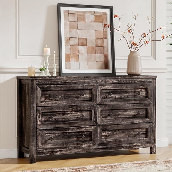 VANACC Farmhouse 6 Drawers Dresser, Wood Chest of Drawers for Bedroom Living Room, Dark Rustic Oak