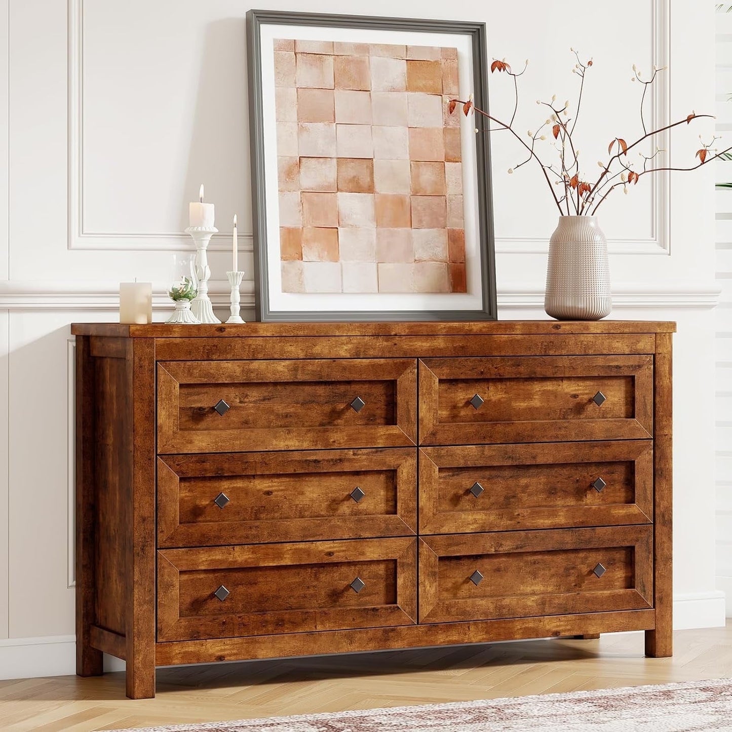 VANACC Farmhouse 6 Drawers Dresser, Wood Chest of Drawers for Bedroom, Living Room, Rustic Brown