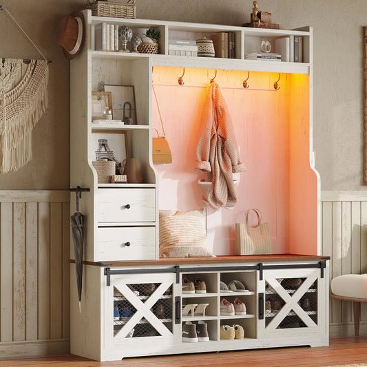 VANACC Farmhouse Hall Tree with Bench and Shoe Cabinet, LED Entryway Organizer