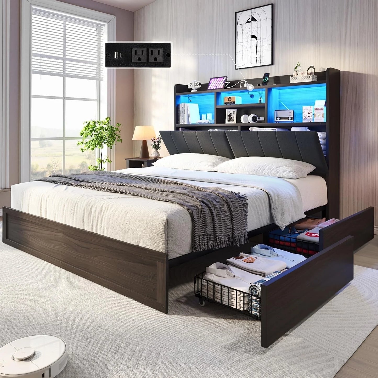 VANACC Farmhouse Bed Frame with Bookcase Headboard and 4 Drawers, LED Storage Bed with Charging Station & Linen Upholstered, No Box Spring Needed