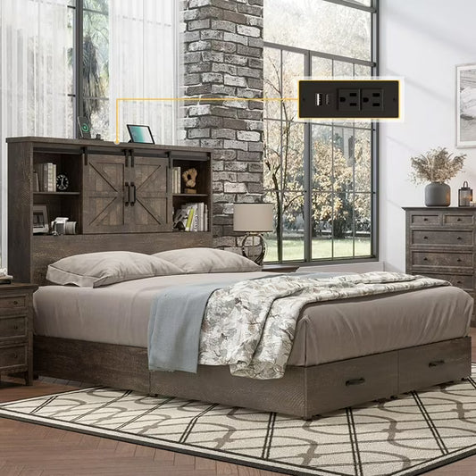 VANACC Wooden Platform Storage Bed Frame with 51.2" Wood Bookcase Headboard