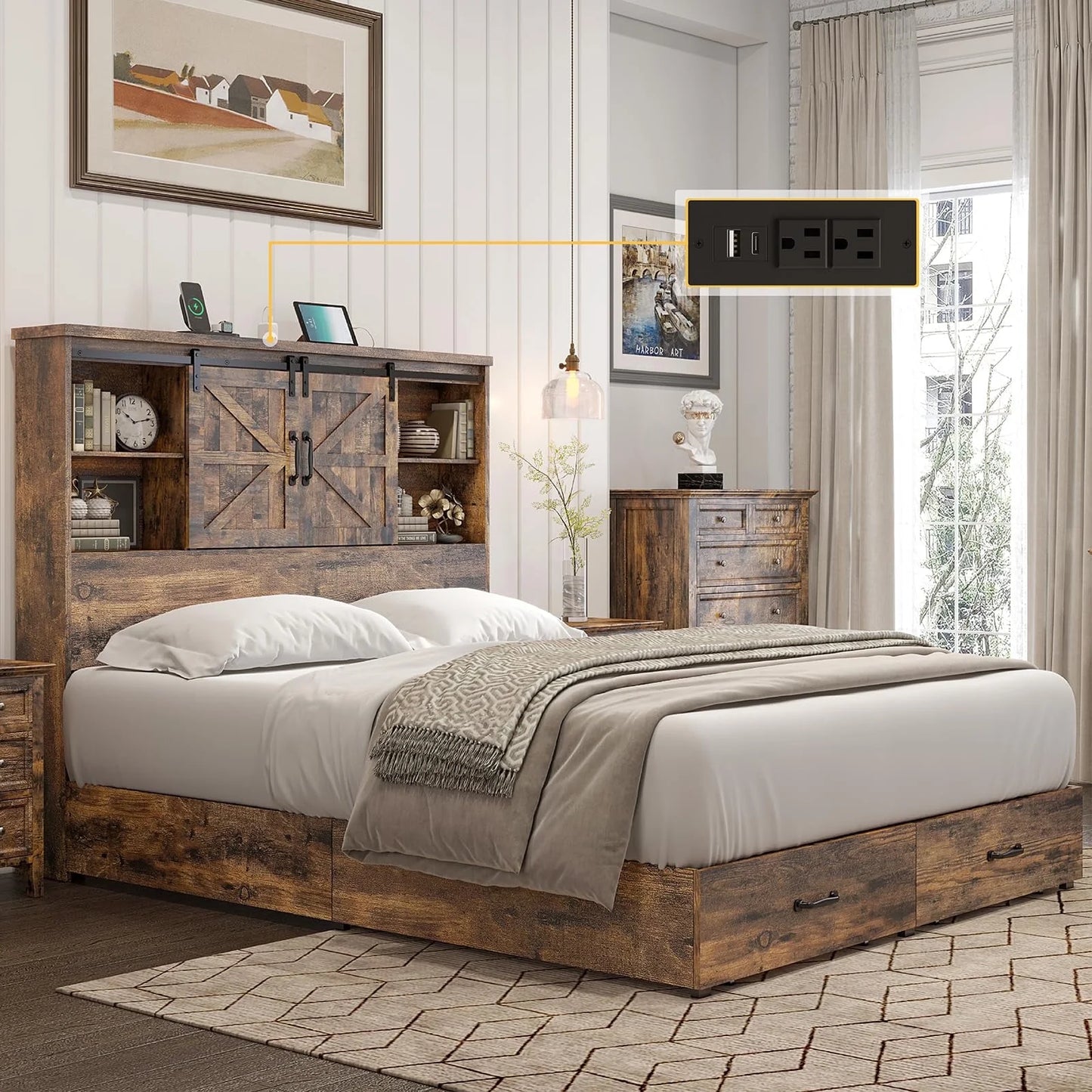VANACC Wooden Platform Storage Bed Frame with 51.2" Wood Bookcase Headboard