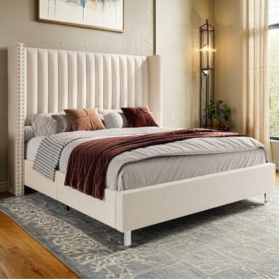 VanAcc Bed Frame and Headboard Upholstered Wingback Bed with Vertical Channel Tufted Velvet/No Box Spring Needed/Easy Assembly