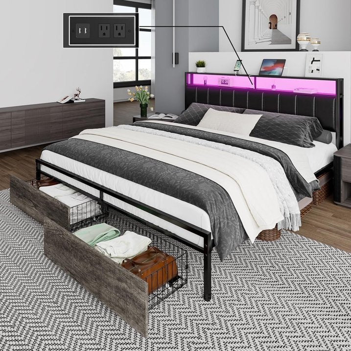 VANACC Bed Frame with 2 Storage Drawers, LED Lights