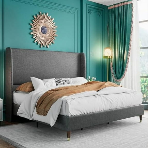 VanAcc Platform Bed Frame 51.2" High Headboard Linen Tall Upholstered Bed/No Box Spring Required/Wood Slat Support/Easy Assembly