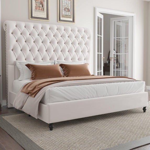 VanAcc King Size Bed Frame, 60" Tall Sleigh Headboard Bed with Velvet Upholstered Platform, Cream