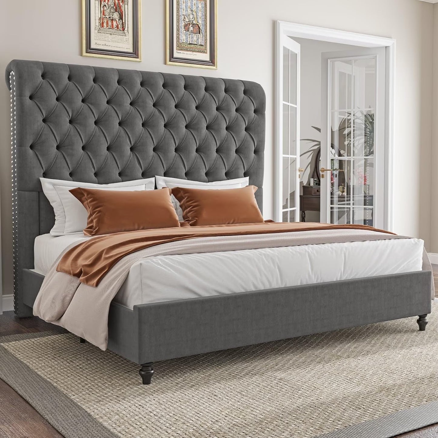 VanAcc Bed Frame, 60" Tall Sleigh Headboard Bed with Velvet Upholstered Platform