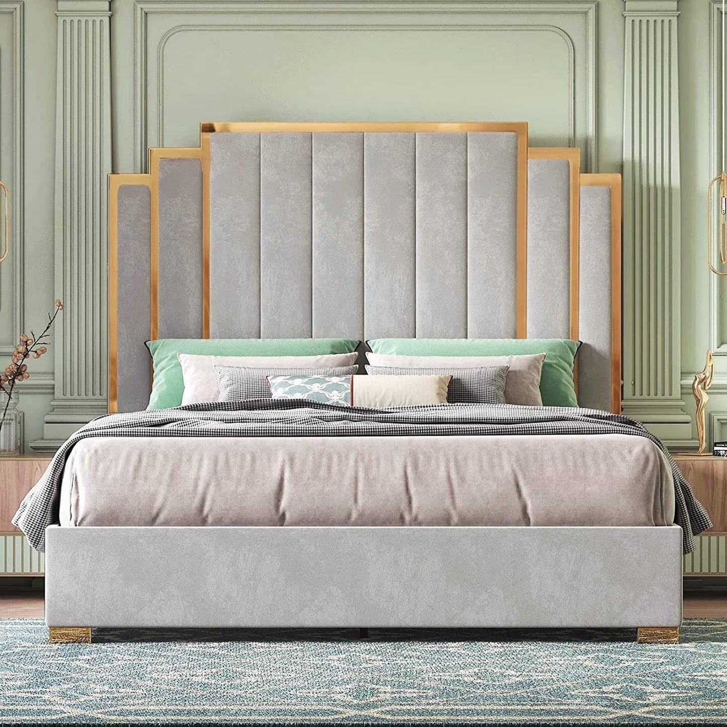 VANACC Platform Bed Frame, 61.4" Velvet Upholstered Bed: with Gold Trim Headboard/Wooden Slats/No Box Spring Needed