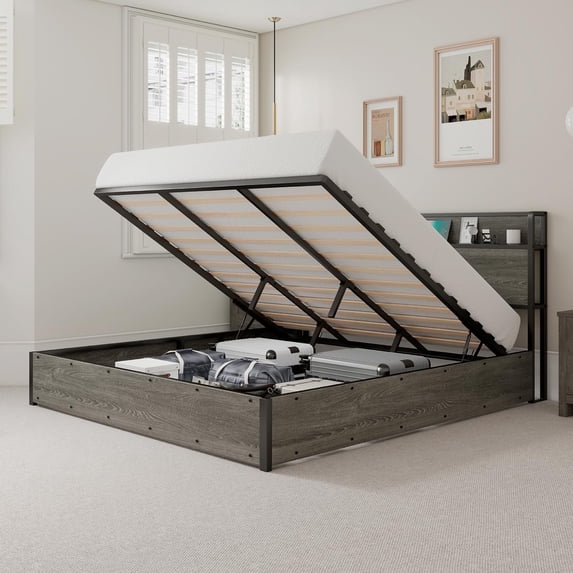 VanAcc Lift up Storage Bed, Storage Headboard & Charging Station