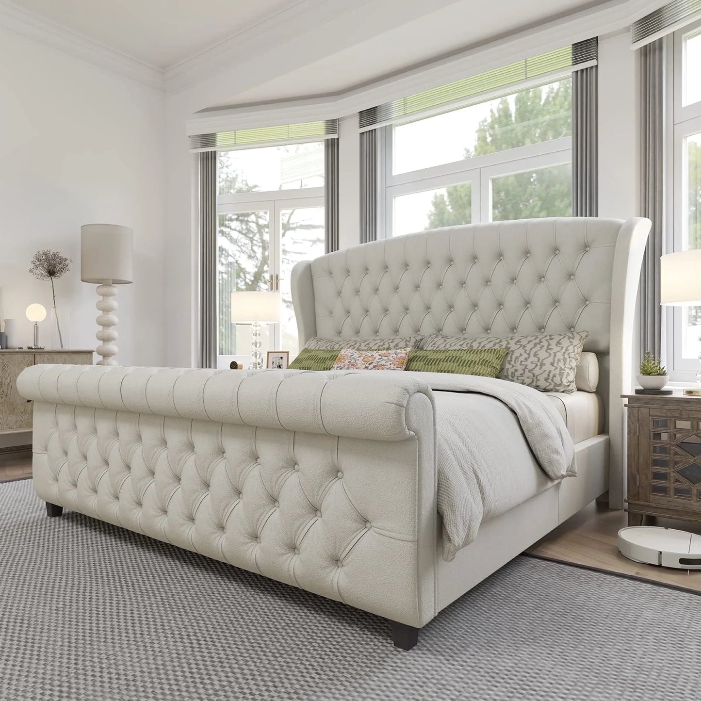 VANACC Platform Bed Frame, Velvet Upholstered Sleigh Bed with Scroll Wingback Headboard & Footboard/Button Tufted/No Box Spring Required