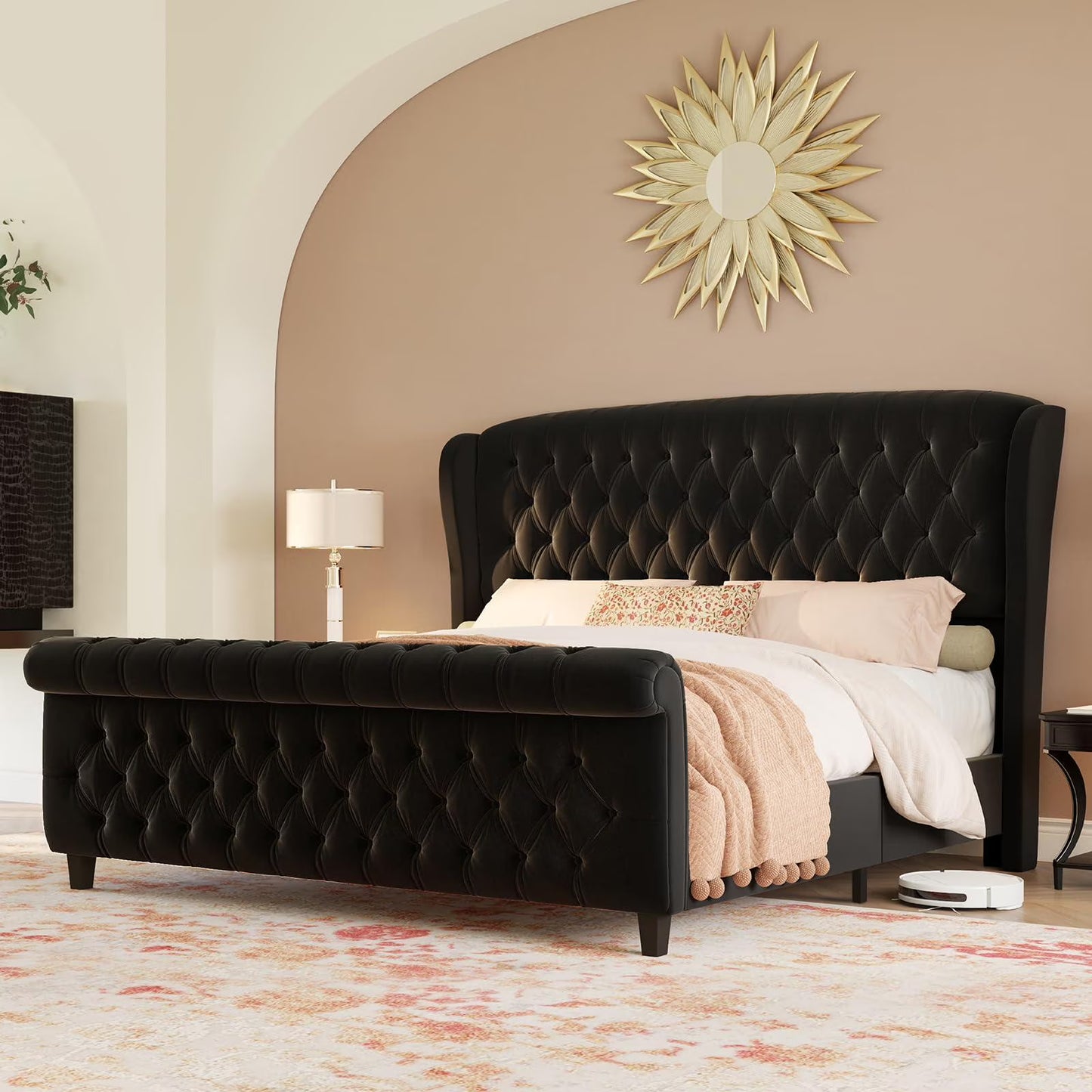 VANACC Platform Bed Frame, Velvet Upholstered Sleigh Bed with Scroll Wingback Headboard & Footboard/Button Tufted/No Box Spring Required