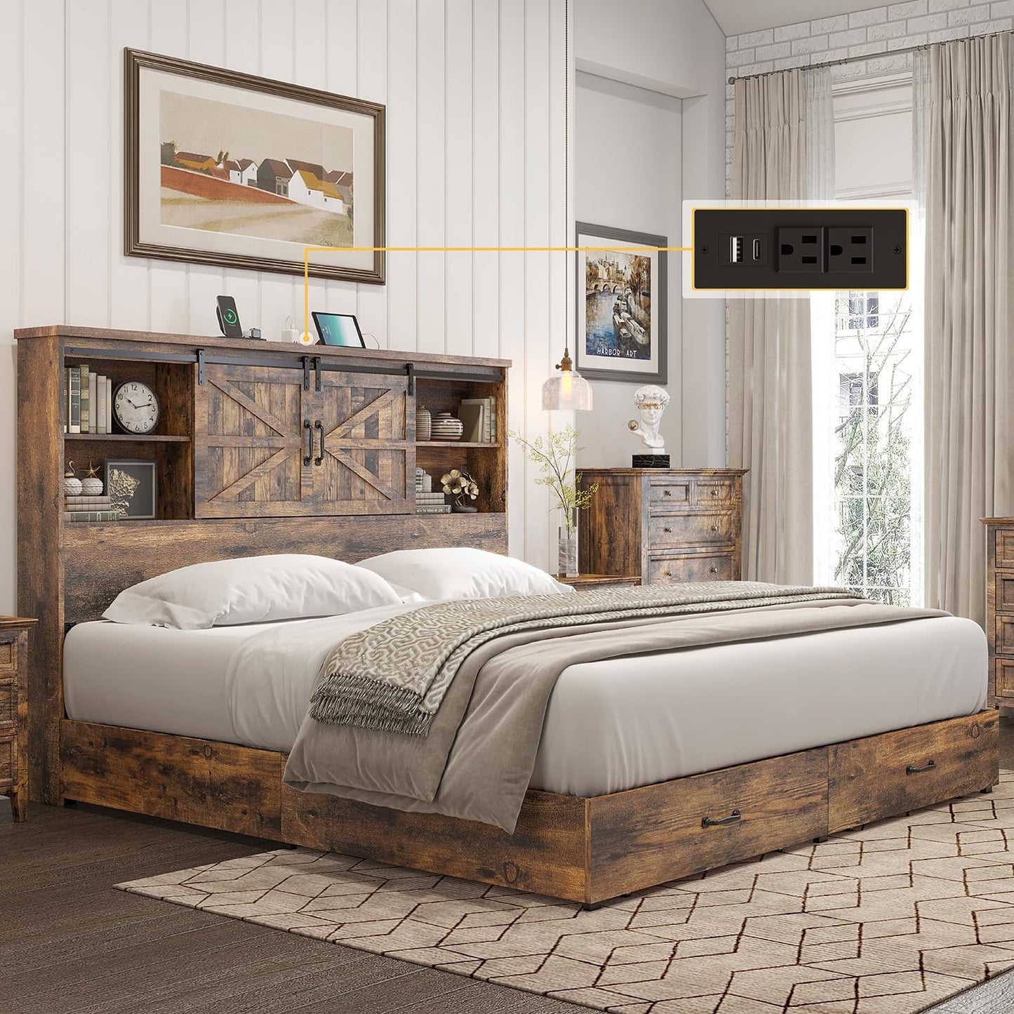 VANACC Wooden Platform Storage Bed Frame with 51.2" Wood Bookcase Headboard