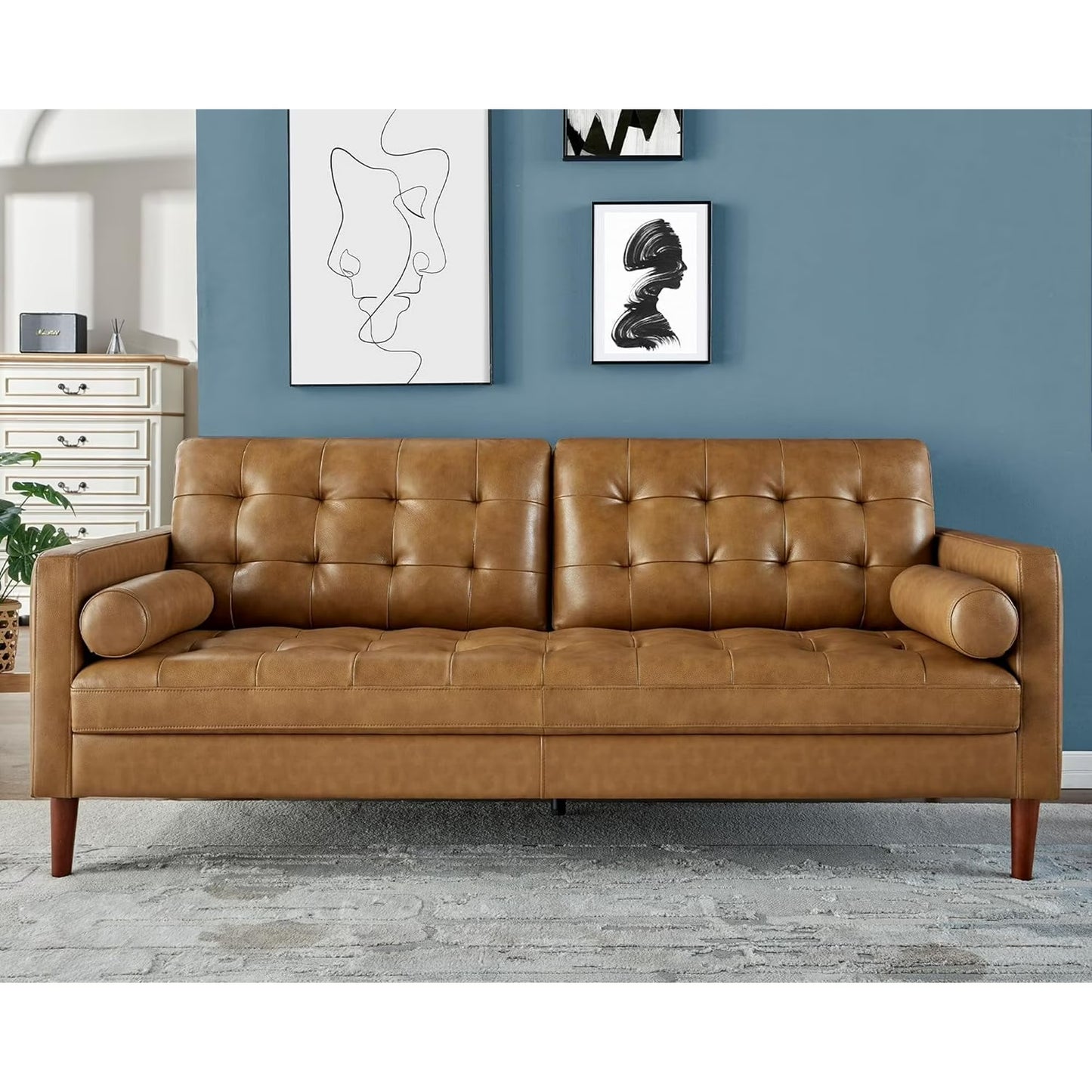VanAcc Mid Century Genuine Leather Couch, 3 Seater Modern Sofa, Comfy Couch for Living Room & Home Office, Leather Sofa