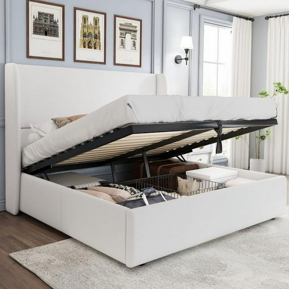 VanAcc Lift up Storage Bed Upholstered Platform Bed Frame, Modern Wingback Headboard, No Box Spring Needed