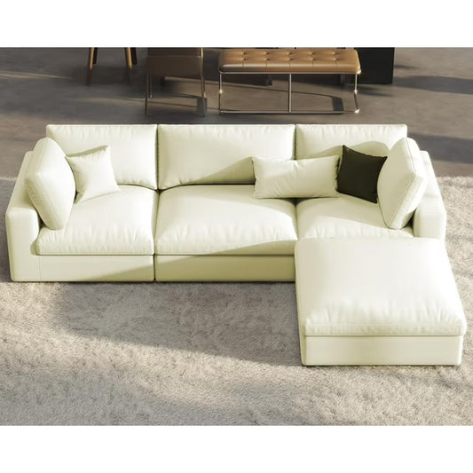 VANACC Modular Sectional Sofa, 114 Inches Oversized Down Filled Sectional Couch, 4 Seats L Shaped Cloud Sofa with Chaise, Ottoman, Comfy Couch for Living Room, White Linen Couch Set