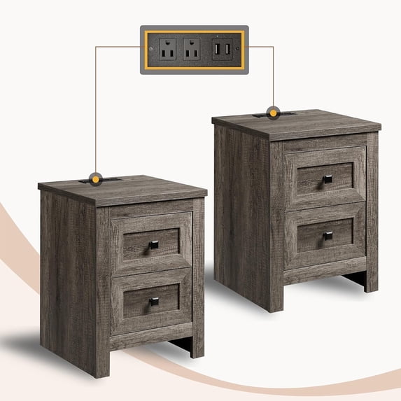 VanAcc Nightstand Set of 2 with Charging Station, Bedside Table, Wood End Table