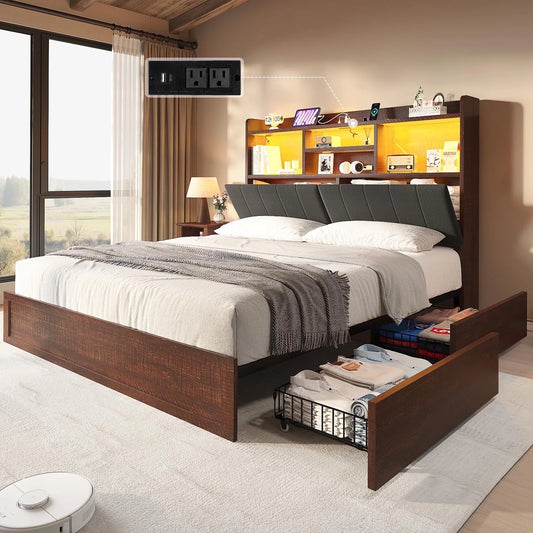 VANACC Farmhouse Bed Frame with Bookcase Headboard and 4 Drawers, LED Storage Bed with Charging Station & Linen Upholstered, No Box Spring Needed
