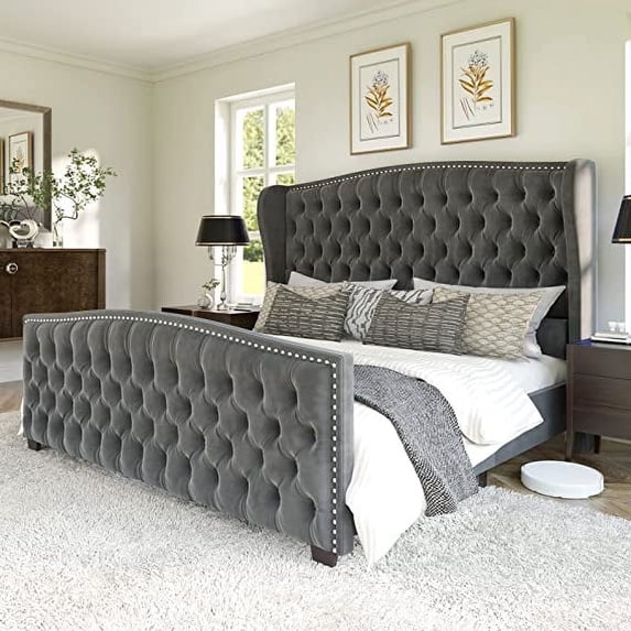 VANACC Bed Frame, Velvet Upholstered Bed with Deep Button Tufted Wingback Headboard