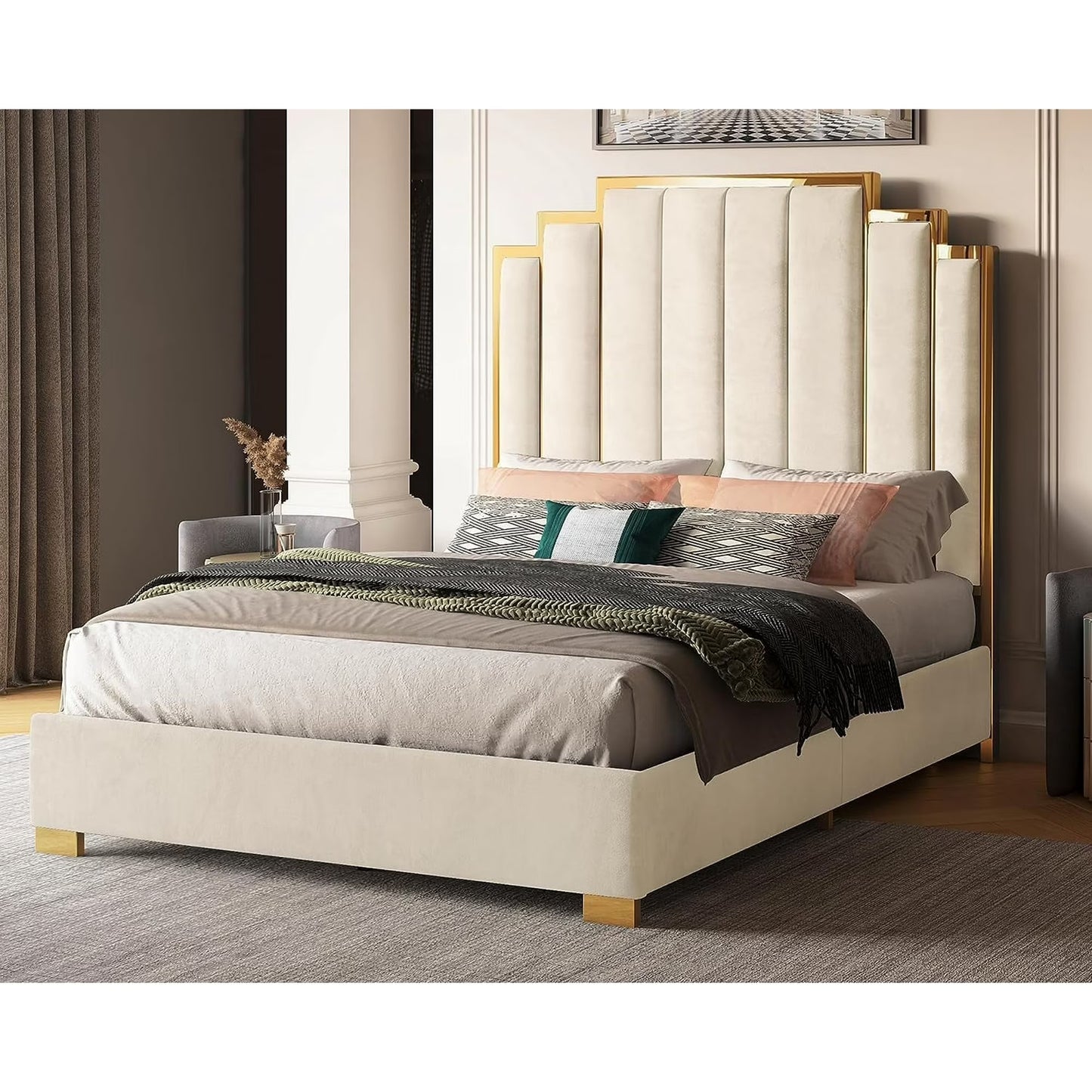 VANACC Platform Bed Frame, 61.4" Velvet Upholstered Bed: with Gold Trim Headboard/Wooden Slats/No Box Spring Needed