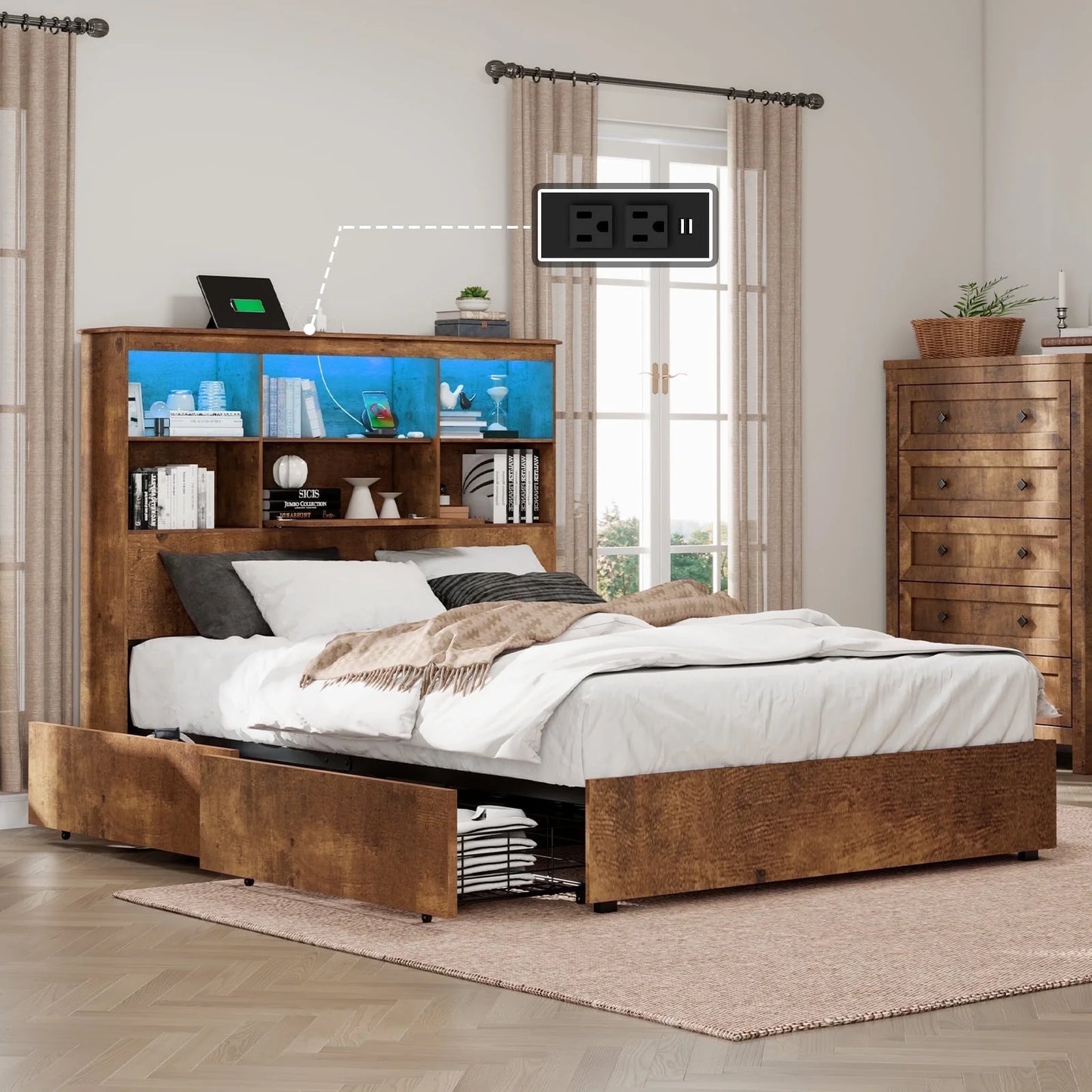 VANACC Bed Frame with LED Bookcase Headboard, Wooden Storage Bed with Charging Station & 4 Drawers
