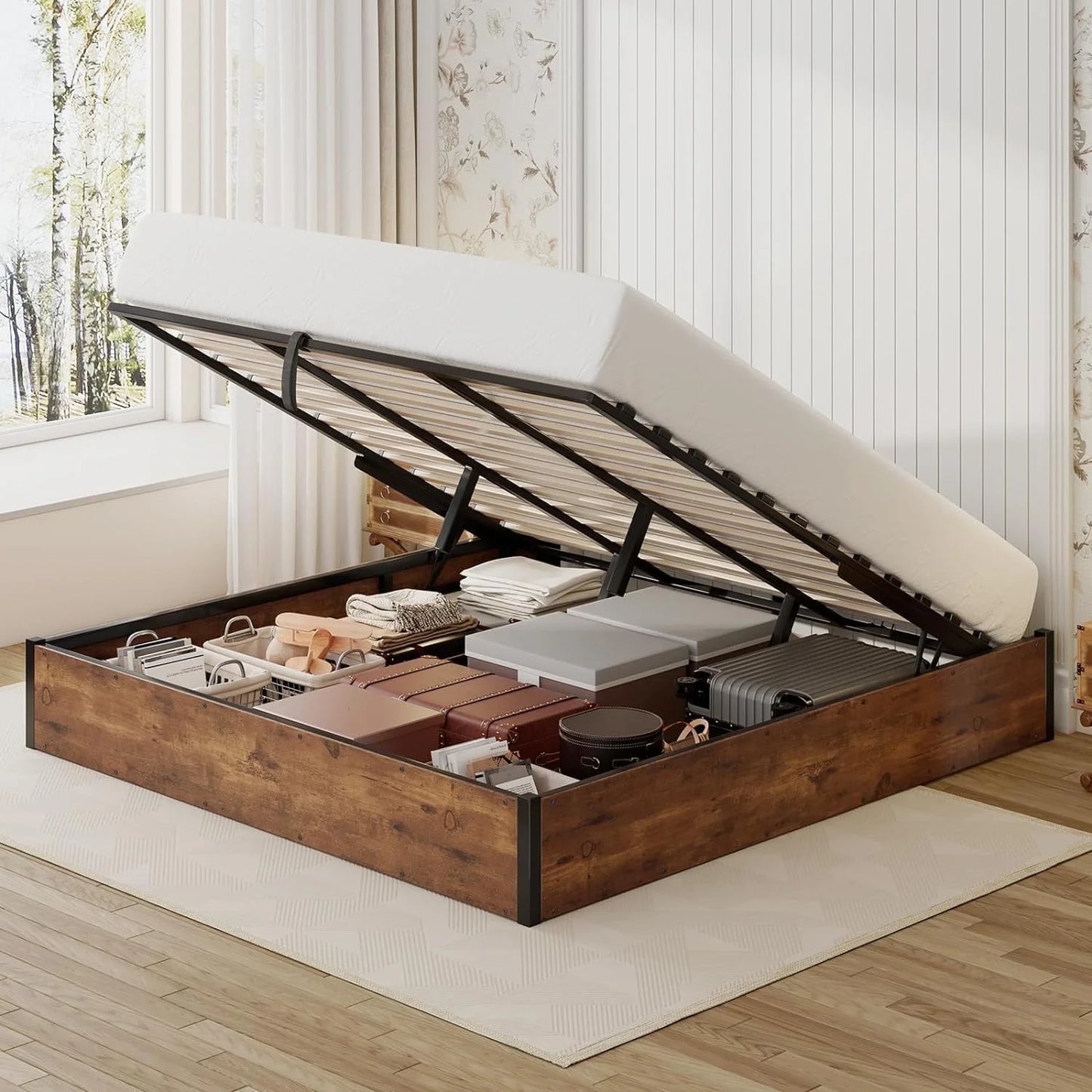 VANACC Lift Up Storage Bed, Full Bed Frame with Storage Underneath, Wooden Platform Bed Frame, Solid Wood Slats Support, No Fixed Headboard, No Box Spring Needed
