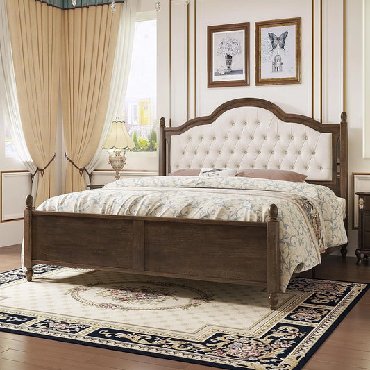 VANACC Solid Wood Bed Frame with Upholstered Headboard, Platform Bed with Linen Tufted, Walnut