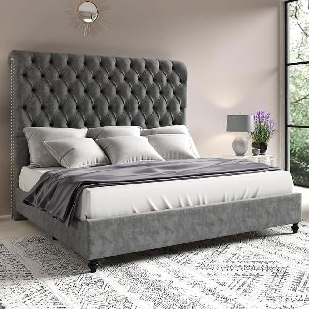 VanAcc Velvet Upholstered Platform Bed Frame with Deep Button Tufted Tall Sleigh Headboard