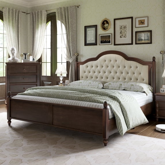 VANACC Queen Wood Bed Frame with 52.5" Upholstered Headboard, Wood Slat Support, No Box Spring