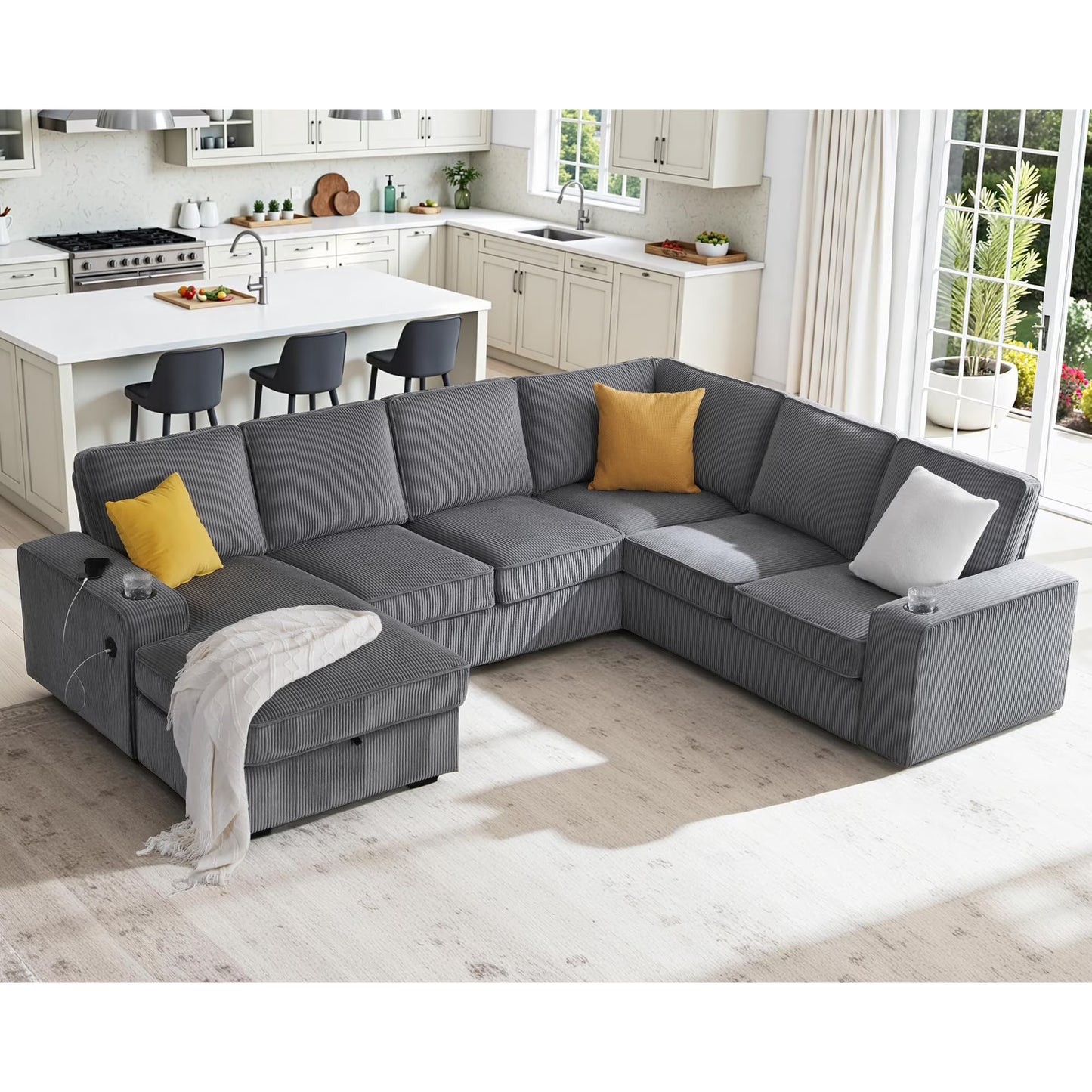 VanAcc 112" Sectional Sofa with USB Ports & Cup Holder, U Shaped Sofa Couch with Storage