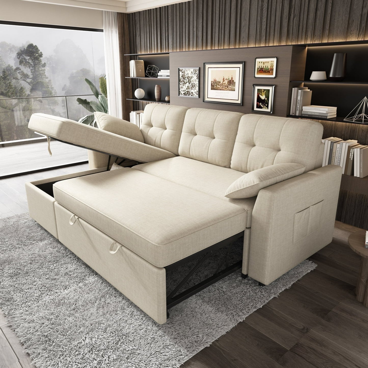 VANACC Sectional Sofa Bed with Storage and Soft Seat ,Reversible Pull Out Couch for Living Room