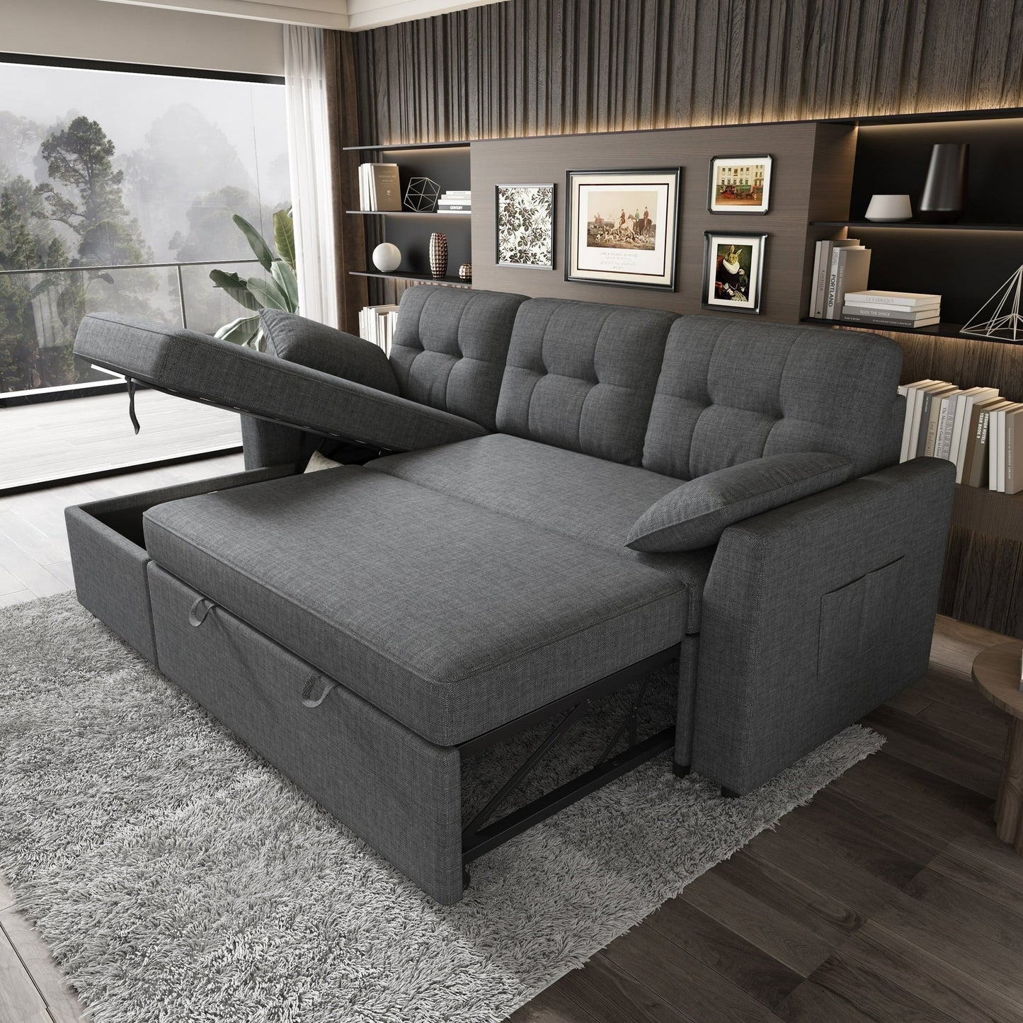 VANACC Sectional Sofa Bed with Storage and Soft Seat ,Reversible Pull Out Couch for Living Room