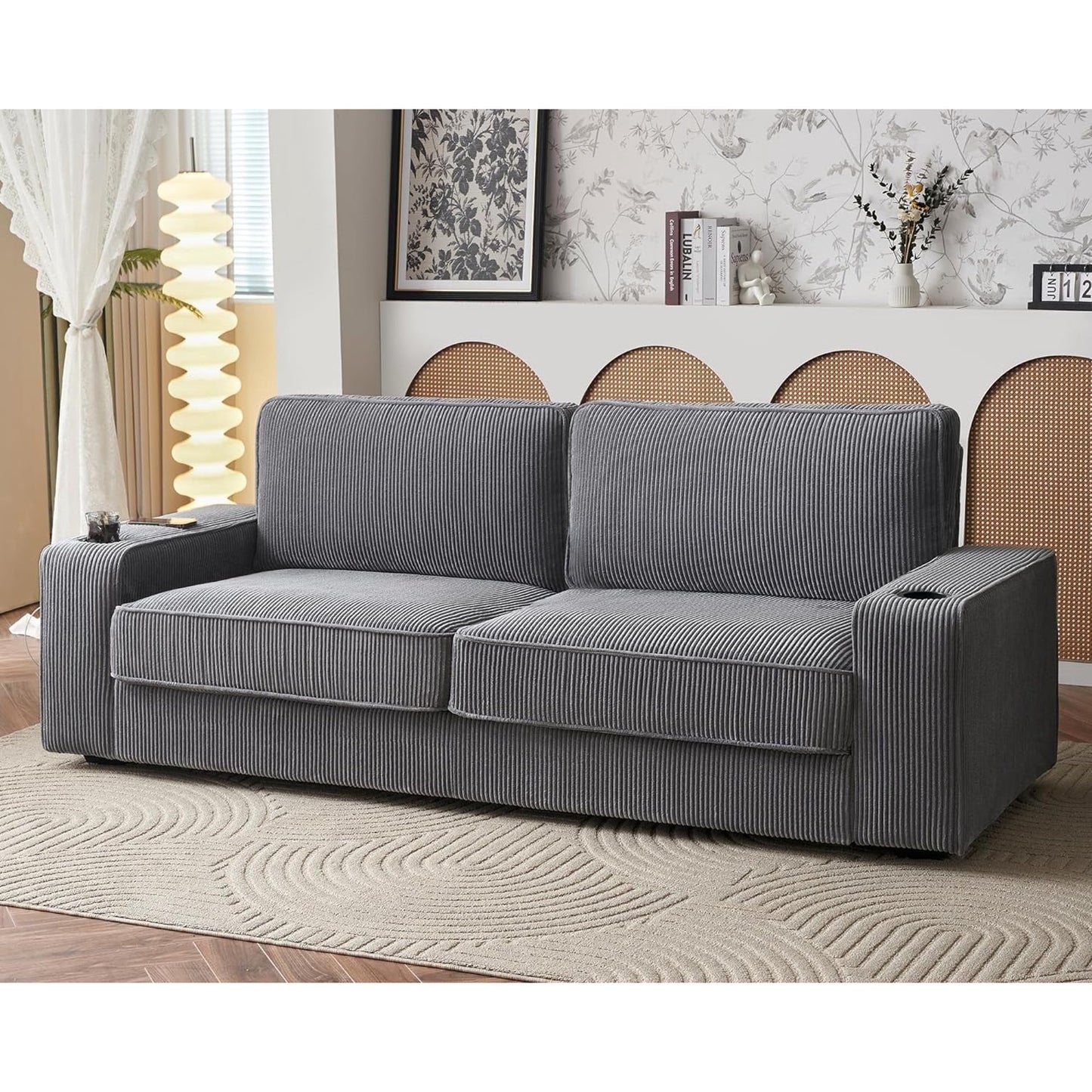 VANACC Sofa, Modern Sofa with USB & Cup Holders, Comfy Couch for Living Room (Grey Corduroy)