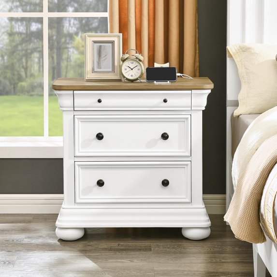Papajet Solid Wood Nightstand with Fully Assembled, 30" Wide Vintage Farmhouse Bedside Table with USB Ports for Bedroom, Antique White