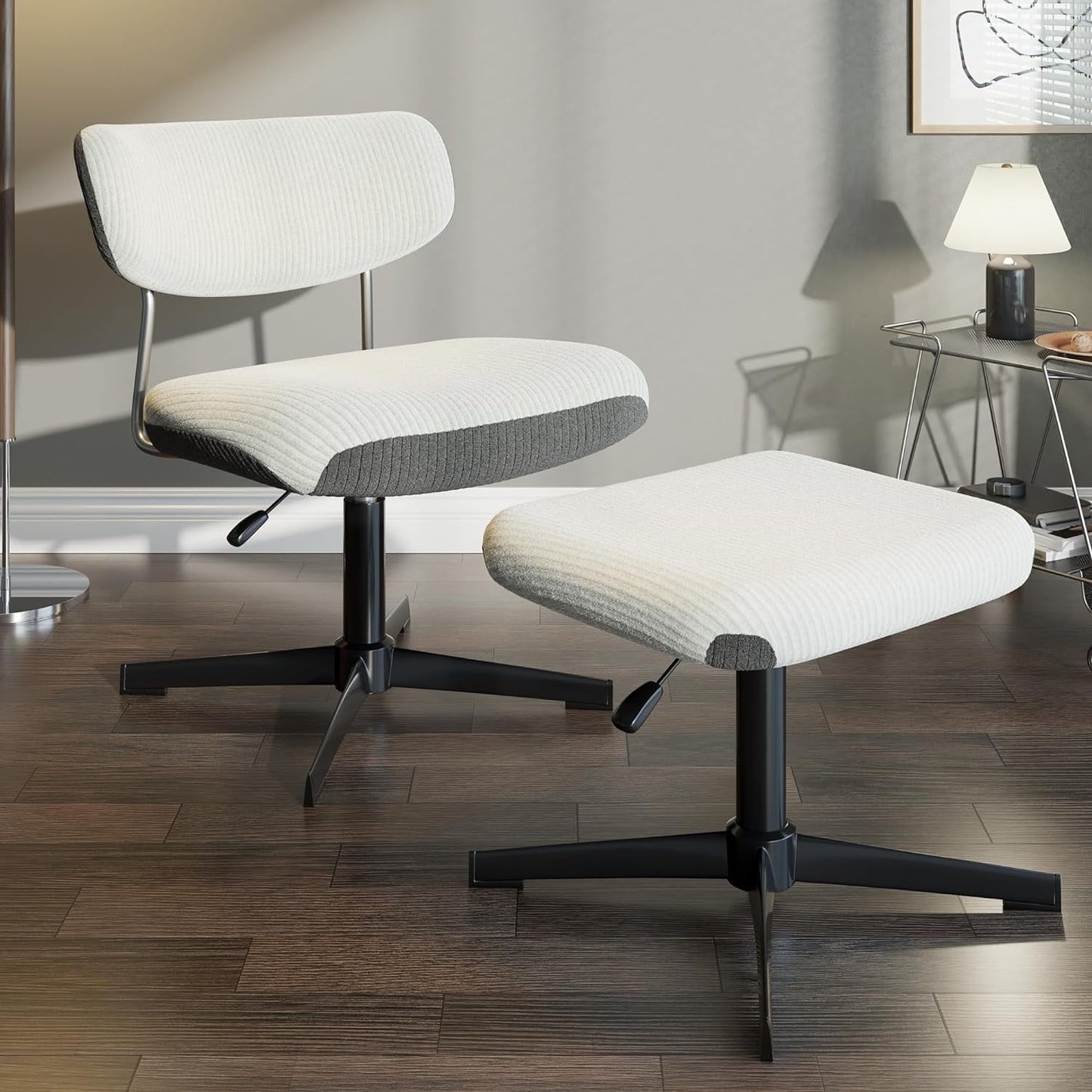 VANACC Swivel Armless Chair with Ottoman Set, Corduroy Contrast Color Upholstered Seat, Modern Armless Cross Legged Office Chair