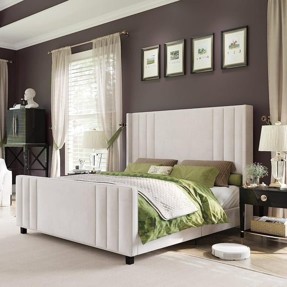 VANACC Bed Frame, Velvet Upholstered Bed with Channel Tufted Headboard
