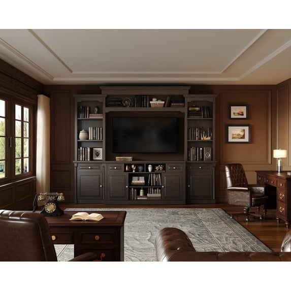 VanAcc 102.8" Wall Unit TV Stand with Cabinet & Storage, Large Entertainment Center for TVs up to 65, Adjustable Shelf for Living Room, Dark Walnut